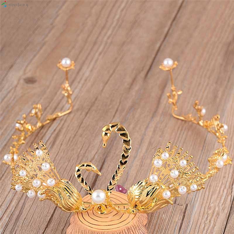 Vintage Bride Crown Women Swan Beads Decor Headdress Shining Princess Wedding Crown