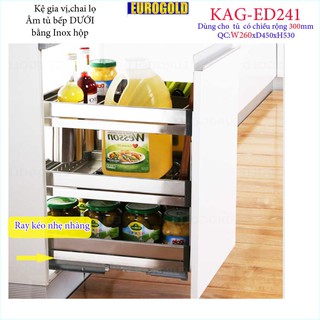 Kệ Gia vị Inox hộp 3 tầng đa năng, kệ hũ đựng chai lọ  Eurogold, kệ để gia vị ray giảm chấn âm tủ bếp 30cm-35cm-40cm