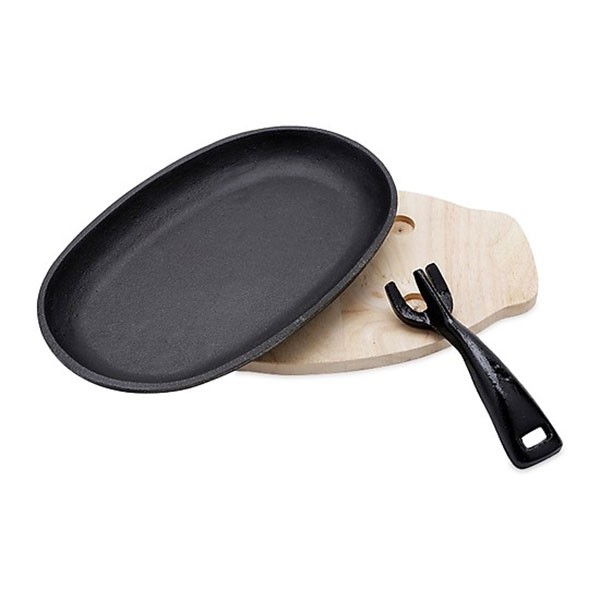 Chảo Gang Làm Bò Né Chống Dính Nặng 1Kg Oval Kèm Đế Gỗ Và Gắp Nóng
