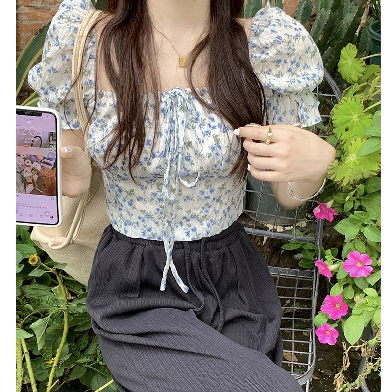 Áo chiffon Cổ Vuông Tay Phồng In Họa Tiết Hoa Thời Trang Pháp 2022 Cho Nữ