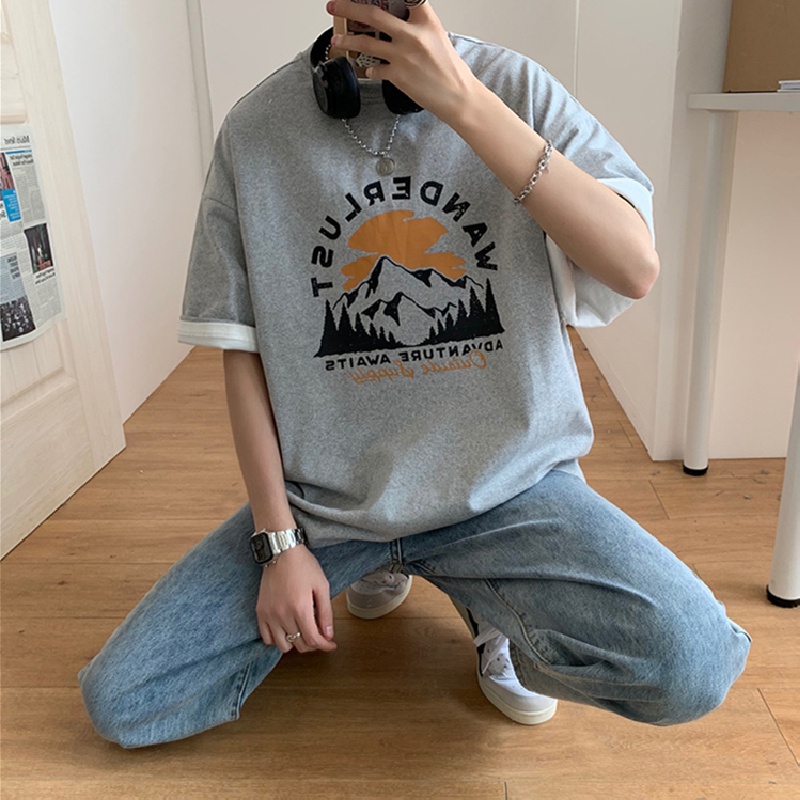 Áo thun tay ngắn cổ tròn dáng rộng in họa tiết graffiti phong cách Hàn Quốc thời trang cho nam size lớn S-8XL