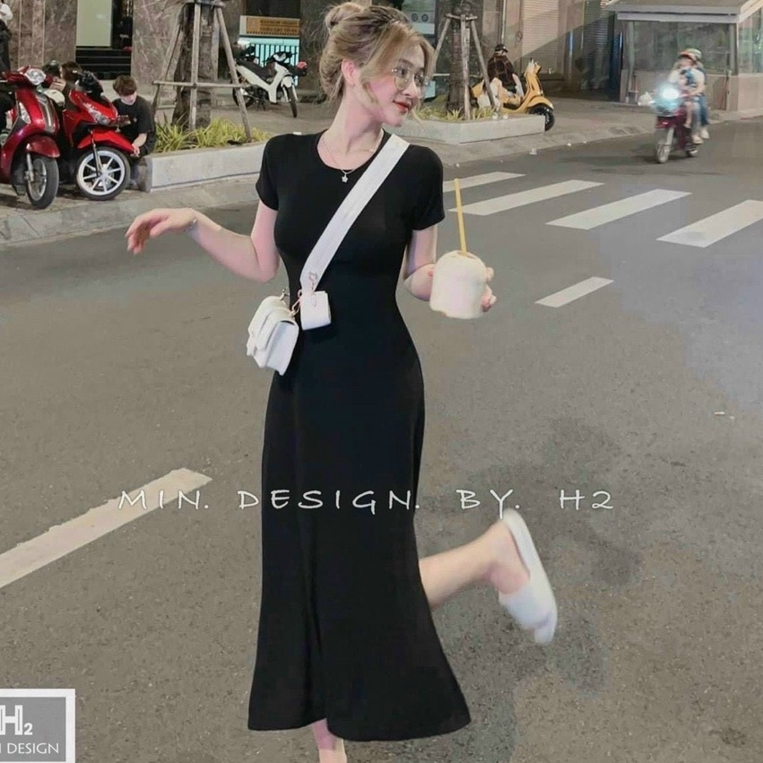 Váy đầm nữ dáng suông tay ngắn cổ tròn xẻ tà xinh xắn dễ thương