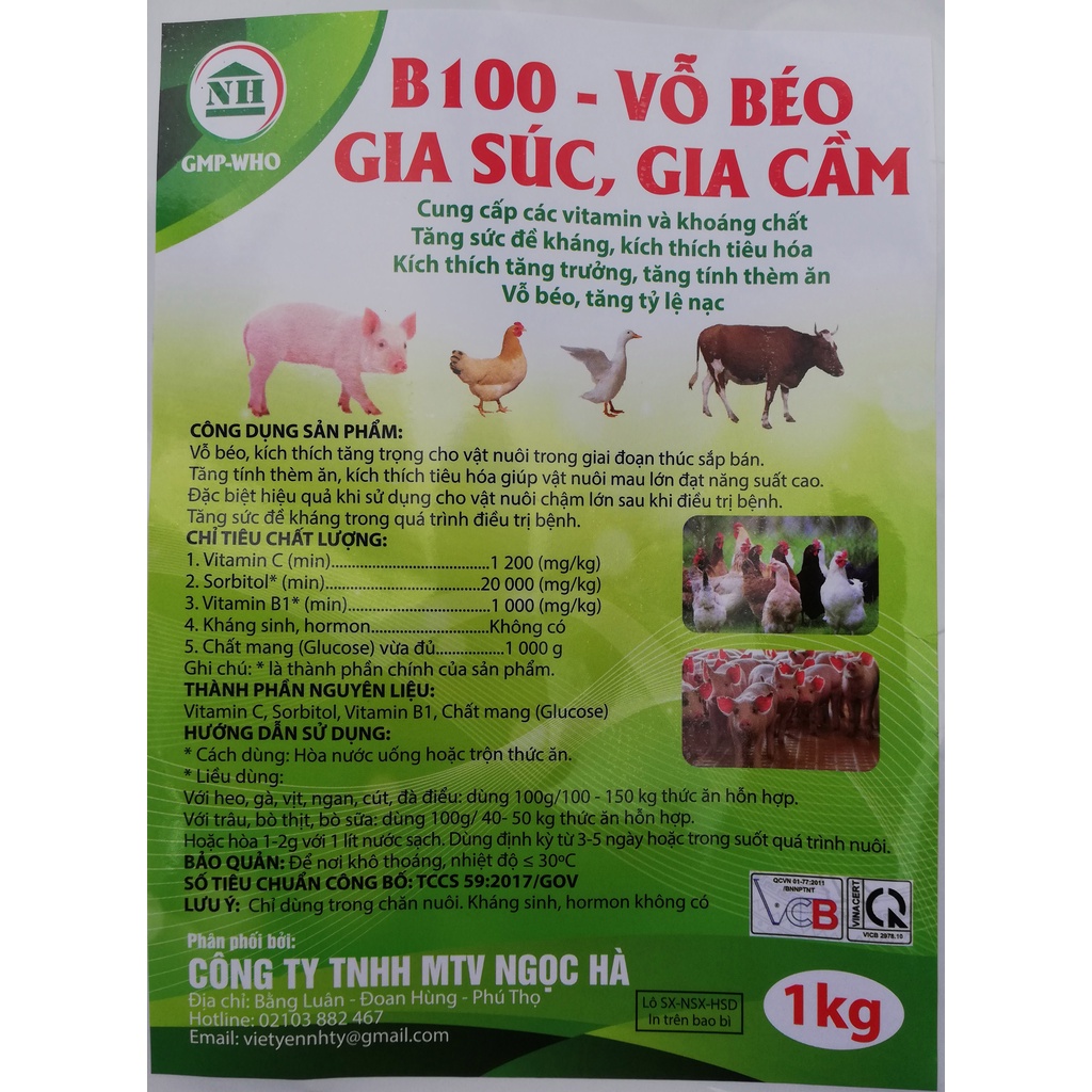 1 gói 200g B100 Kích thích tăng trọng, tăng tính thèm ăn, vỗ béo, tăng tỷ lệ nạc cho gia súc, gia cầm, chó, mèo