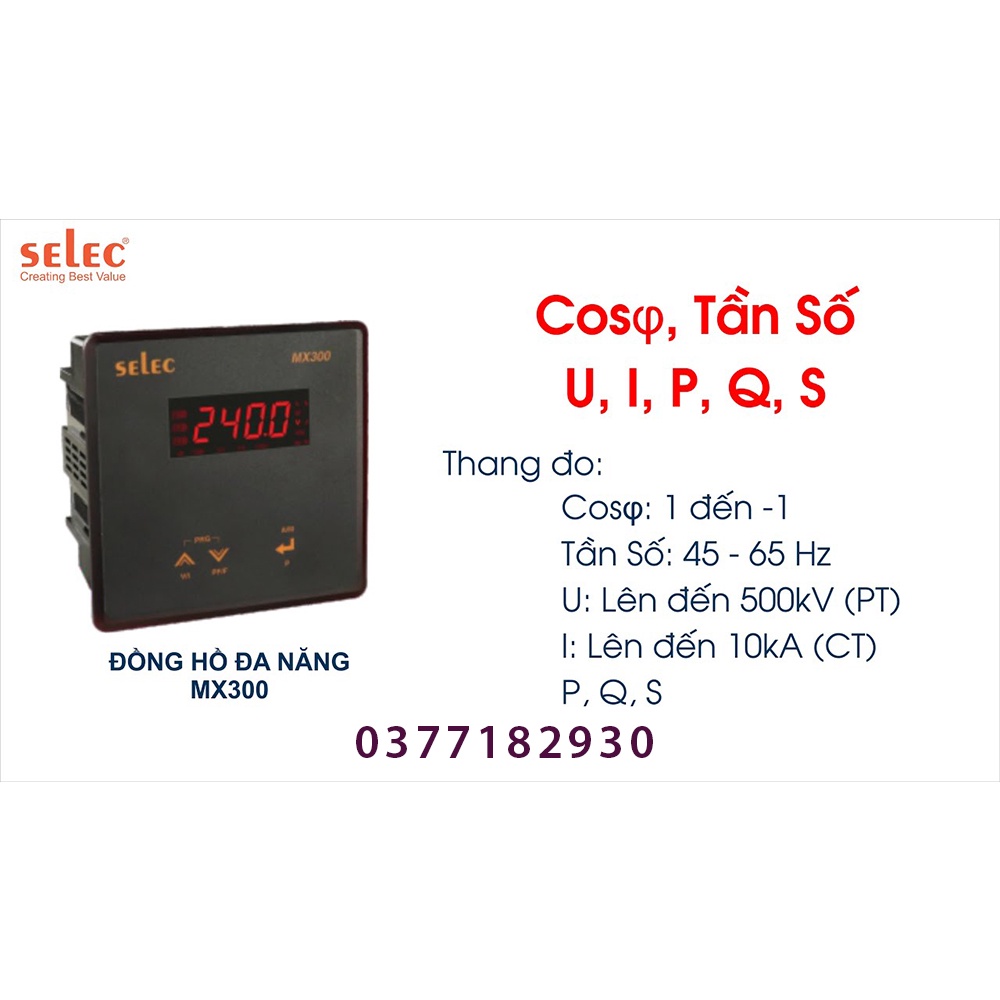 Đồng hồ đo đa năng Selec MX300 96x96mm - Đồng hồ đo cos phi, Điện áp, dòng điện, tần số, hệ số công suất phản kháng