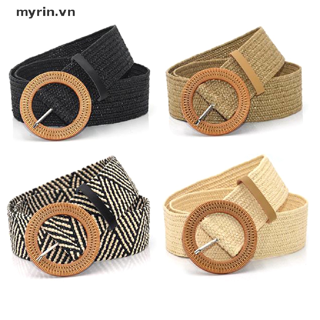 Thắt Lưng Dây Rơm Bện Co Giãn Khóa Tròn Phong Cách Boho Cổ Điển Cho Nữ