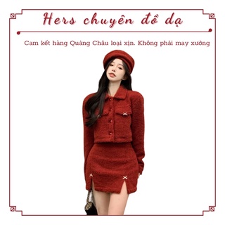 Set lông cừu 3 món áo cổ bâu phối chân váy ngắn xẻ tà kèm mũ nồi nổi bật, có ảnh thật