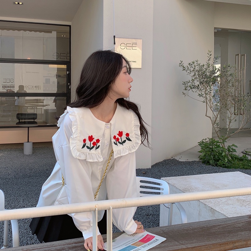 Áo sơ mi SUXI trắng tay dài dáng rộng thêu họa tiết phong cách Hàn Quốc thời trang mùa xuân cho nữ