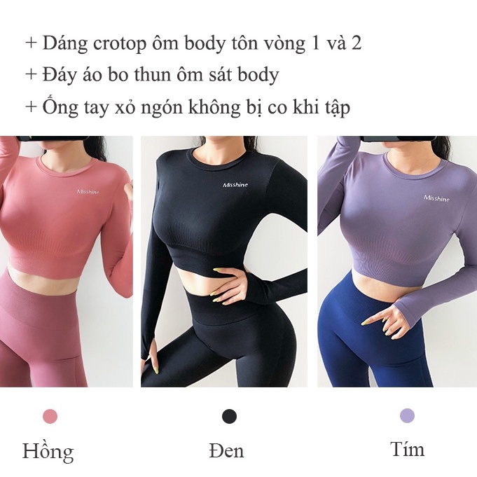 Áo croptop nữ tập gym tay dài misshine | áo thun dài tay tập yoga nữ vải dệt kim cao cấp co giãn đa chiều CROP12