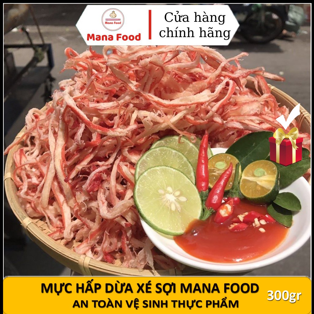 Mực Xé Sợi, Mực Sợi Hấp Nước Dừa Mana Food Loại Ngon Hủ Pet 300gr - Chuẩn ATVSTP, Khô Mực Hấp Nước Dừa Ăn Vặt