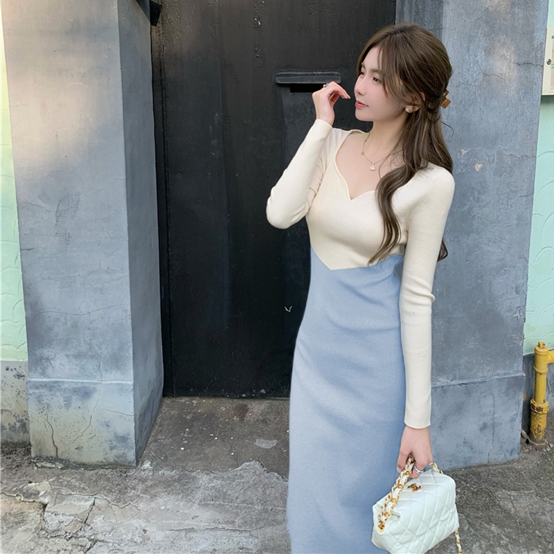 IELGY   Đầm Nhung Phối Hai Màu Phong Cách Đức Cho Nữ