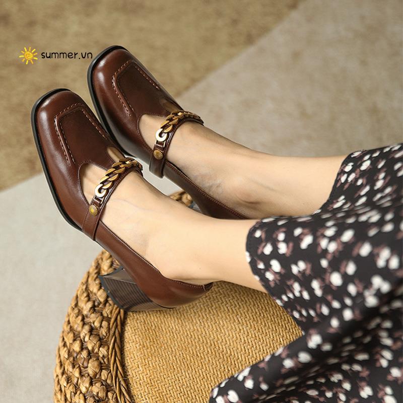 Giày Cao Gót Mũi Vuông Phối Dây Xích Thời Trang Xuân Thu Phong Cách Pháp Hàng Mới 2022