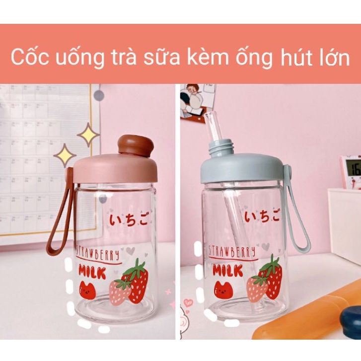 Cốc uống trà sữa trân châu chuyên dụng kèm ống hút 550ml. Bình nước thủy tinh siêu dày có quai xách tay cao cấp tiện lợi