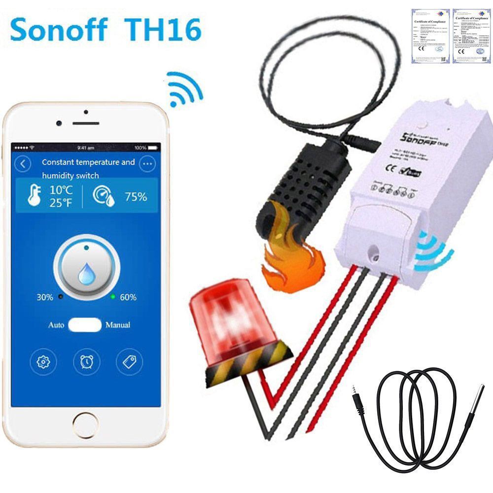 SONOFF TH16 (16A), công tắc WIFI, điều khiển từ xa, có hỗ trợ cảm biến nhiệt, độ ẩm