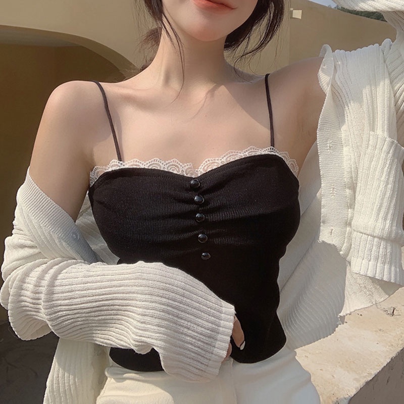 Áo hai dây YEYA dệt kim phối ren mỏng phong cách Pháp cho nữ