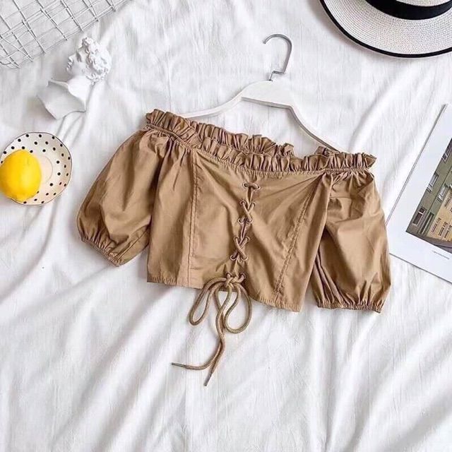 Áo croptop bệt vai đan dây (ảnh thật)