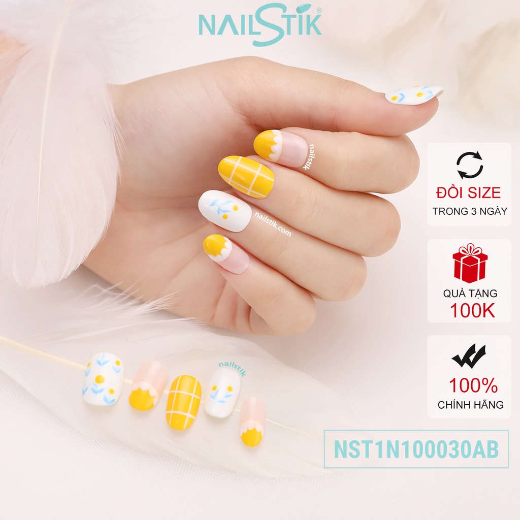 Móng úp thiết kế by NAILSTIK, màu vàng, xanh dương, form móng bầu, ngắn/dài, 030