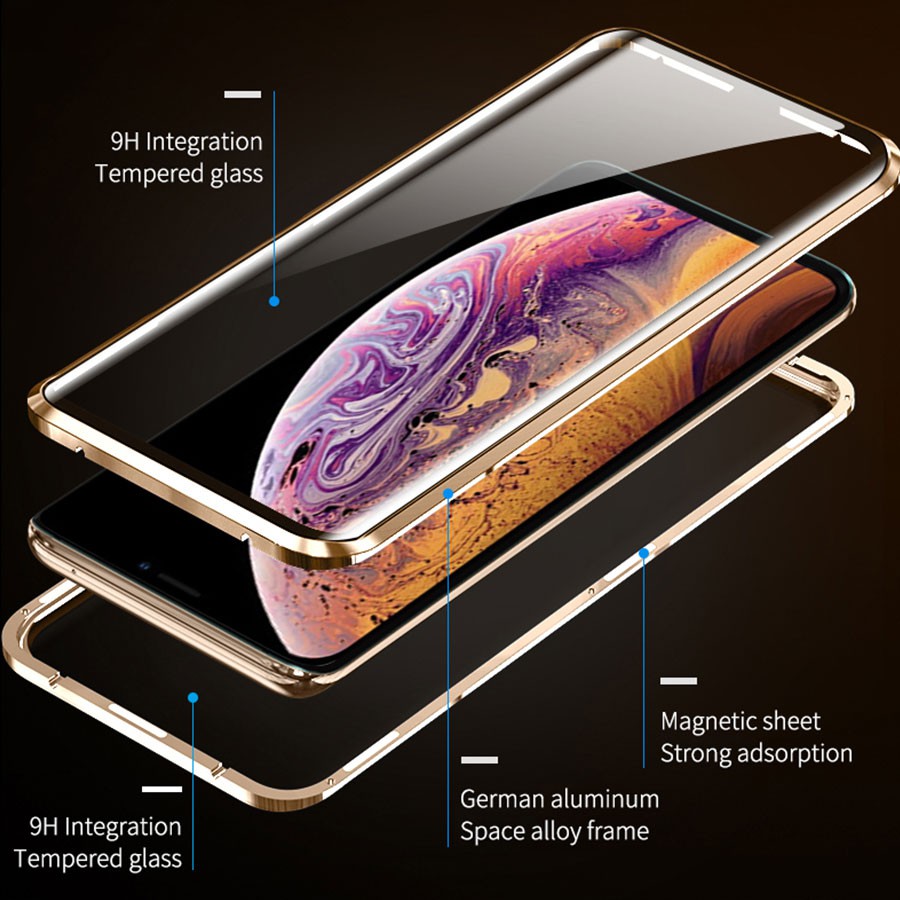 Ốp điện thoại kim loại bằng kính hai mặt có nam châm hấp phụ từ cho iPhone 11 Pro X XS Max XR iphone 7 8 6 6s plus