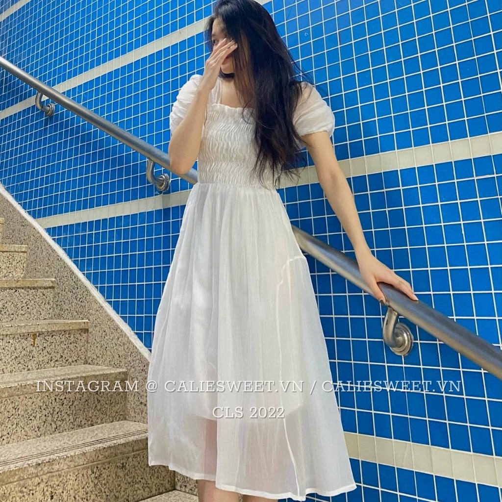 Váy babydoll tay phồng Caliesweet váy tiểu thư dáng dài 2 lớp chất tơ mềm