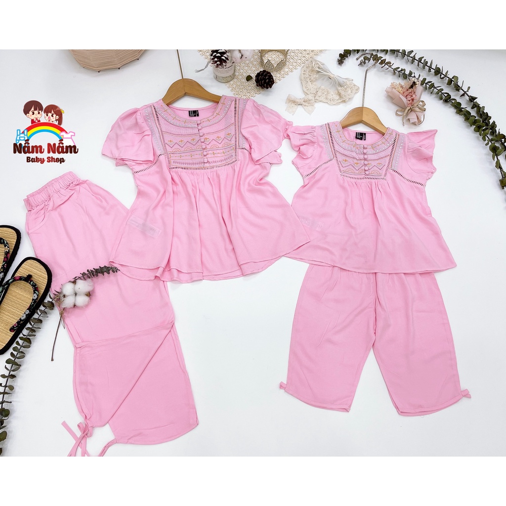 Set mẹ bé thêu thổ cẩm cao cấp chất lanh/tole hàng xuất F21-Bảo Sam