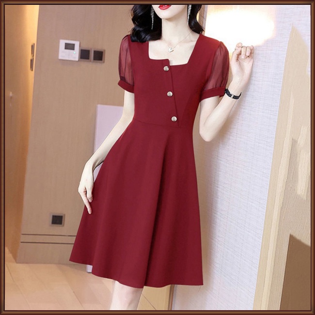 Đầm Tay Ngắn Cổ Vuông Màu Sắc Trơn Thời Trang Dành Cho Nữ