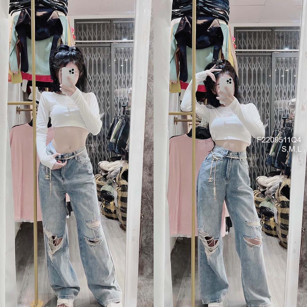 Quần jean ống suông mài rách đùi hai bên dáng dài lưng cao hàng đẹp!