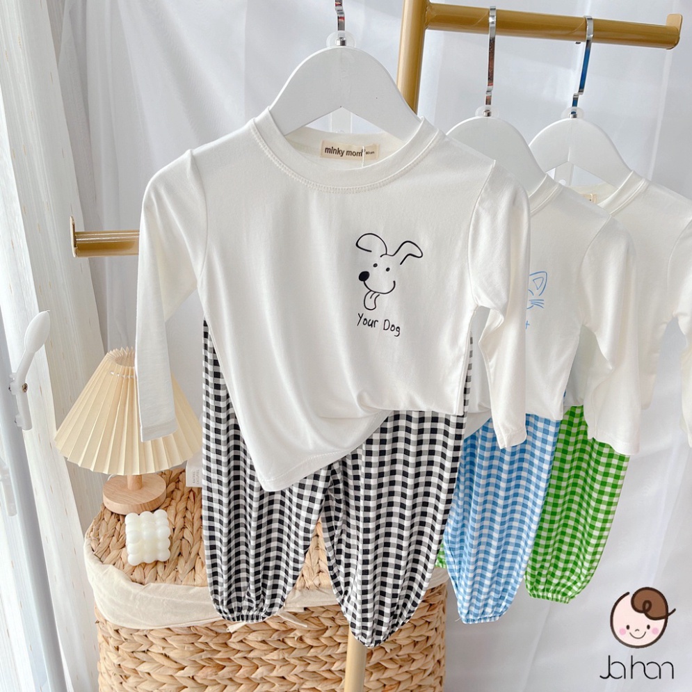 Bộ Quần Áo Trẻ Em  KID Dài Tay Caro Ulzzang Cho Bé Trai Bé Gái từ 6 đến 18kg Chất Thun Lạnh