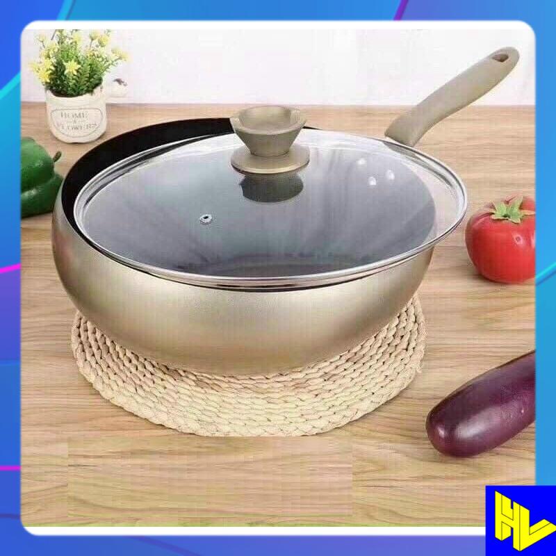 CHẢO BẦU CHỐNG DÍNH, CHẢO XÀO SÂU LÒNG 32CM - NẮP KÍNH - NẤU BẾP TỪ SIÊU ĐẸP