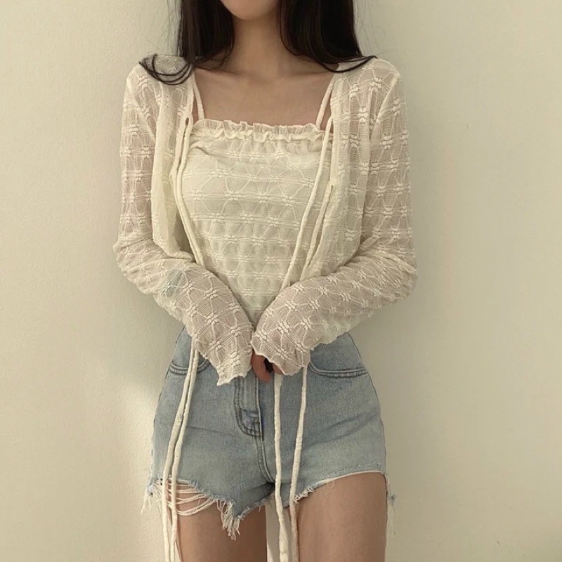 Áo kiểu nữ len mỏng hình bướm nổi dây chéo cổ vạt tam giác hàng Quảng Châu