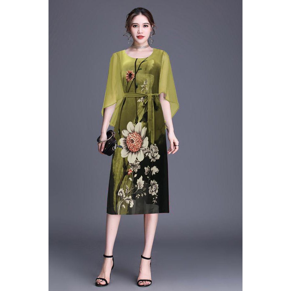 Sang Chảnh - Đầm Suông Trung Niên Big Size Tay Cánh Tiên In Hoa 2 Lớp Cho Mẹ 3265