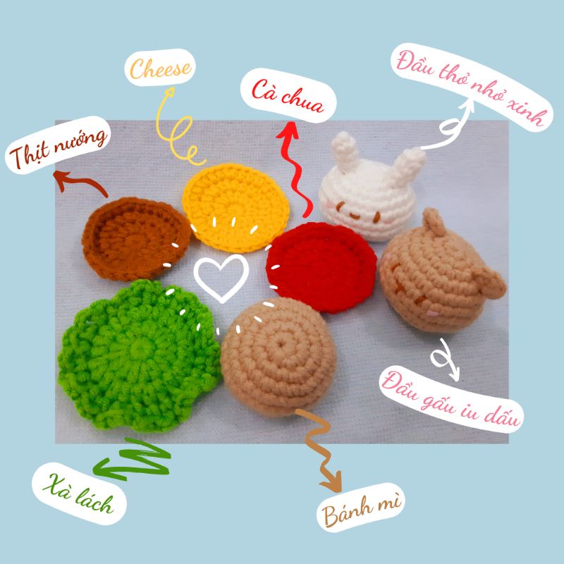 Móc khóa Hamburger gấu nâu, thỏ trắng, ếch xanh, mèo trắng, heo hồng - Amigurumi Animal Hamburger