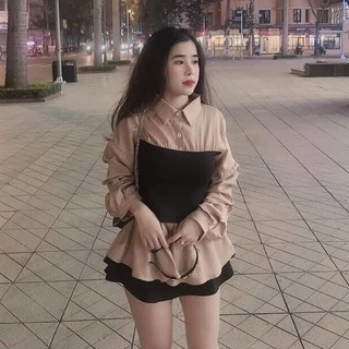 áo sơ mi phối màu cổ bẻ kiểu babydoll xinh xắn