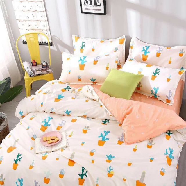 Trọn Bộ Chăn Ga Gối Cotton Poly Nhập Khẩu- xương rồng xanh trắng