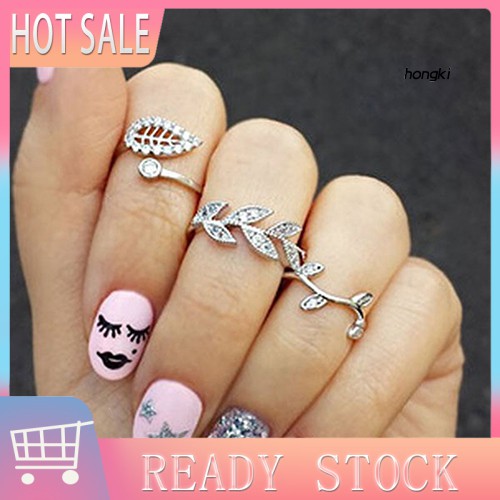 Bộ 3 Nhẫn Hợp Kim Hình Lá Đính Đá Xinh Xắn