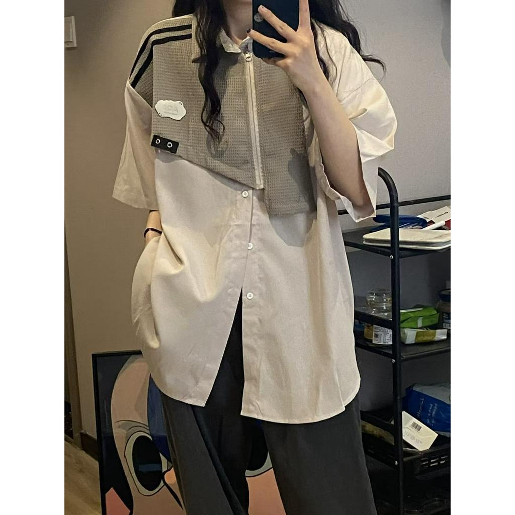 Áo Sơ Mi Tay Ngắn Màu Sắc Tương Phản Phong Cách Nhật Bản