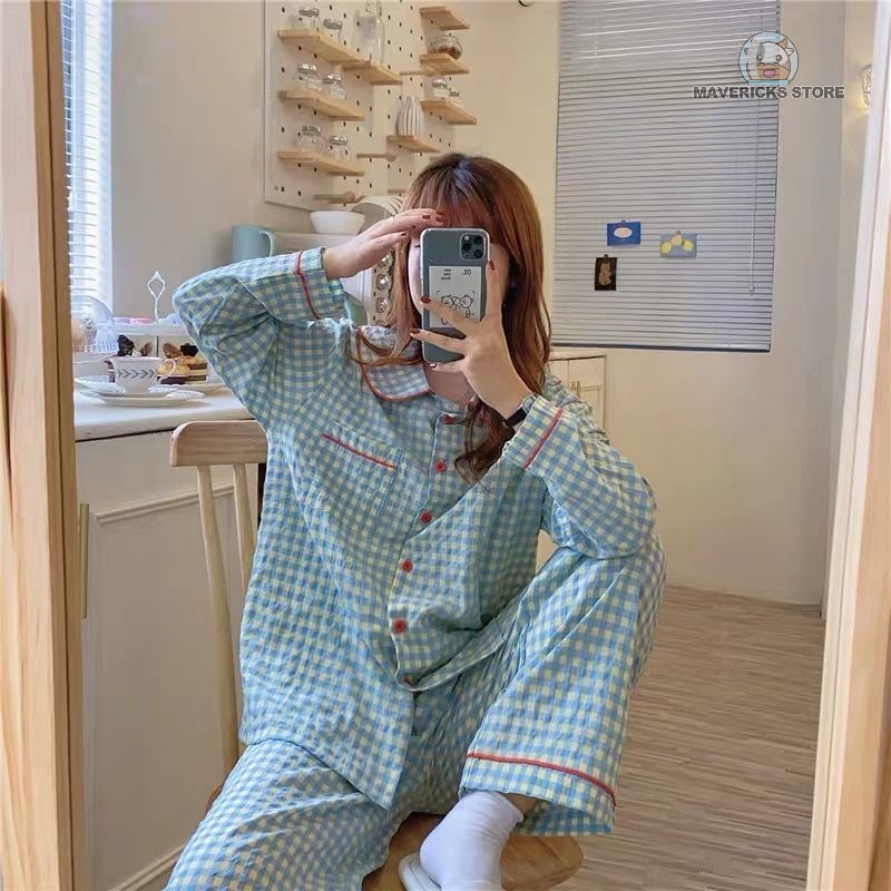 Bộ Đồ Ngủ Tay Dài Kẻ Sọc Ca Rô Vàng Xanh Dương Phong Cách Nhật Hàn Mới Cho Nữ