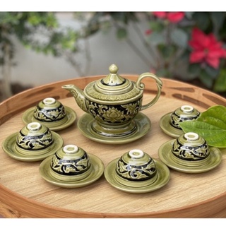 Bộ ấm trà, lư đèn vẽ men rêu ấm chén cao cấp gốm sứ Bát tràng