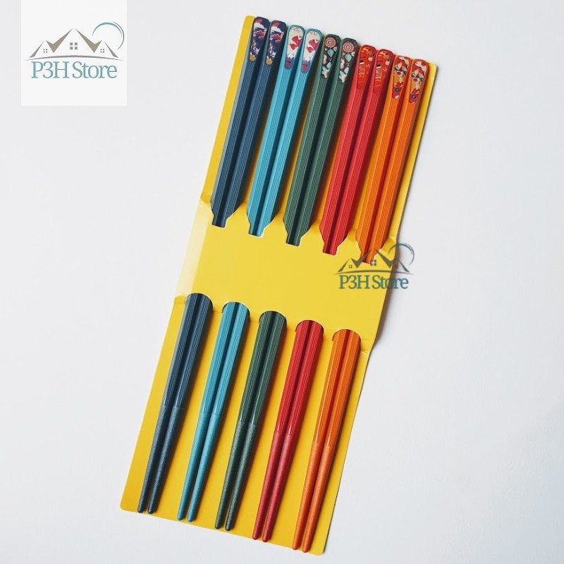 Set 5 đôi đũa chống mốc chống trơn 5 màu họa tiết phong cách Nhật Bản MD002