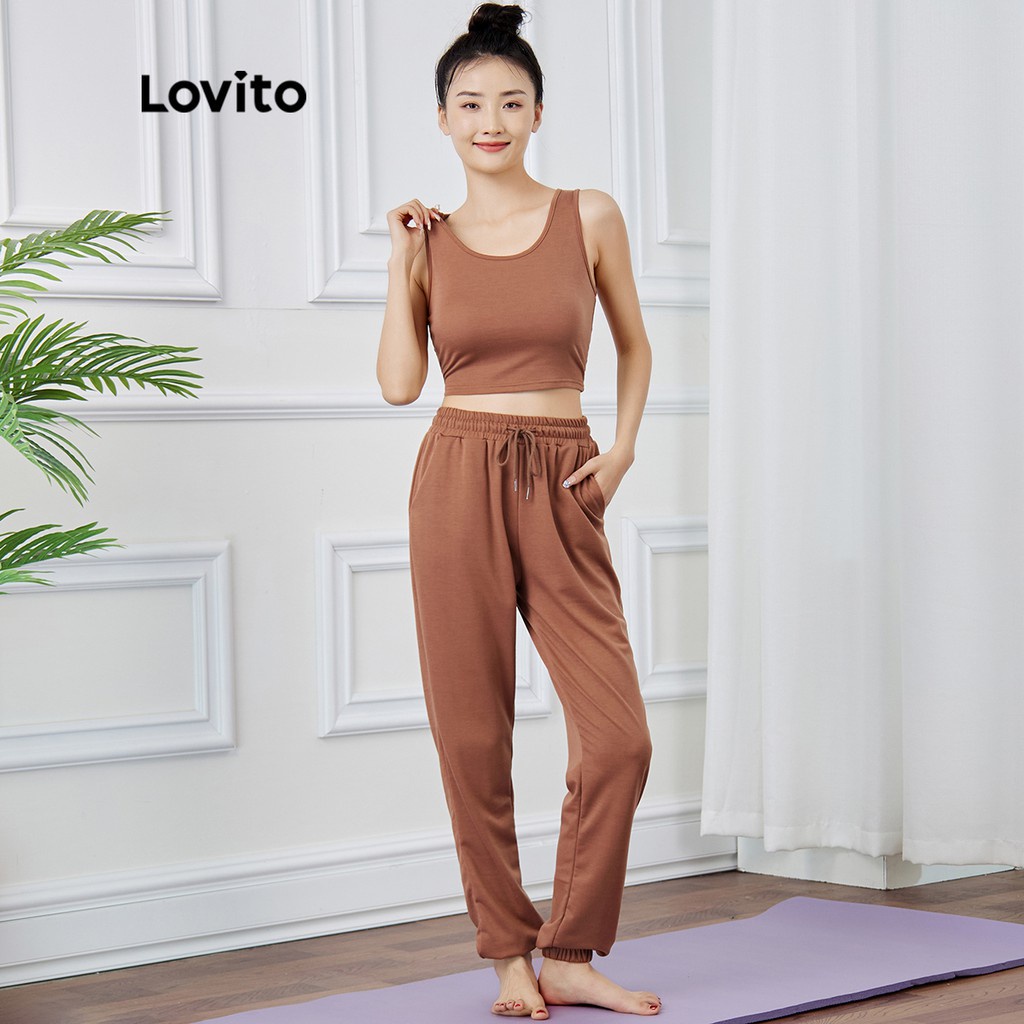 Bộ đồ thể thao Lovito phối túi cột dây đơn giản L15X202 (màu cà phê)