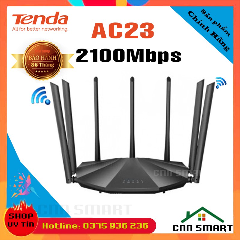 Bộ Phát Wifi Xuyên Tường với 7 râu 6dbi Tenda AC23 Chuẩn AC2100 sóng khỏe [ AC10 AC7 AC6 AC5 AC8 ] - Chính hãng BH36TH