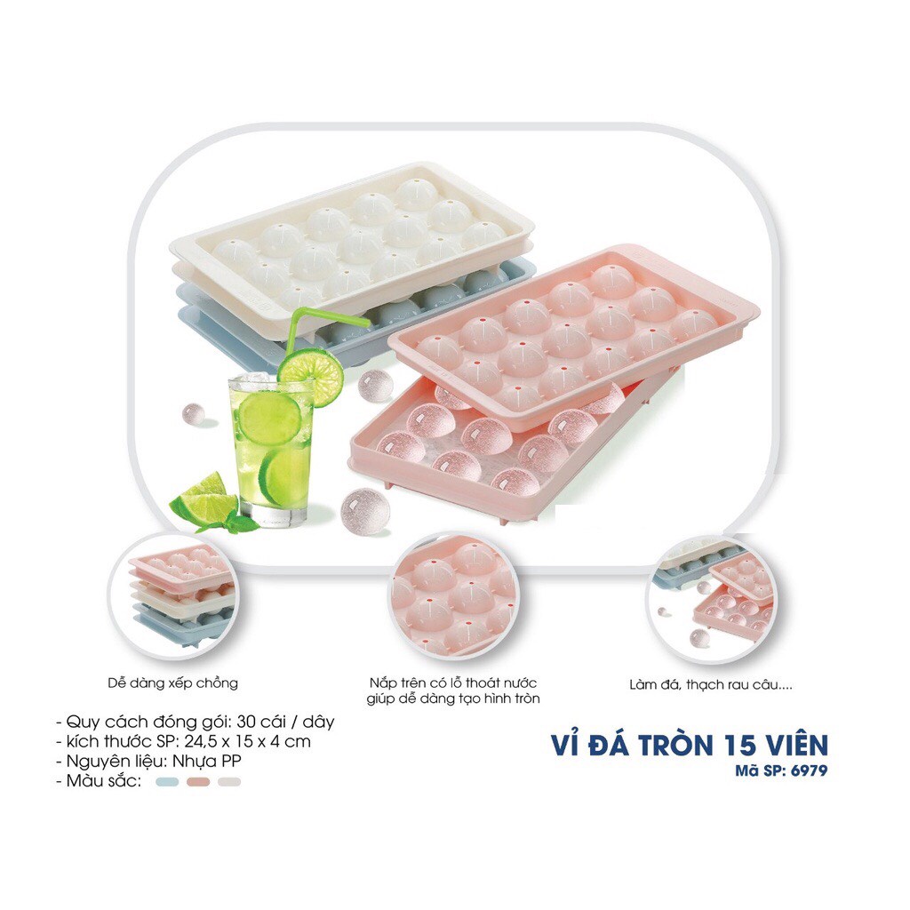 Khay đá tròn 15 viên Việt Nhật 6979 có nắp đậy an toàn,Khuôn làm thạch bi tròn ngộ nghĩnh {H}
