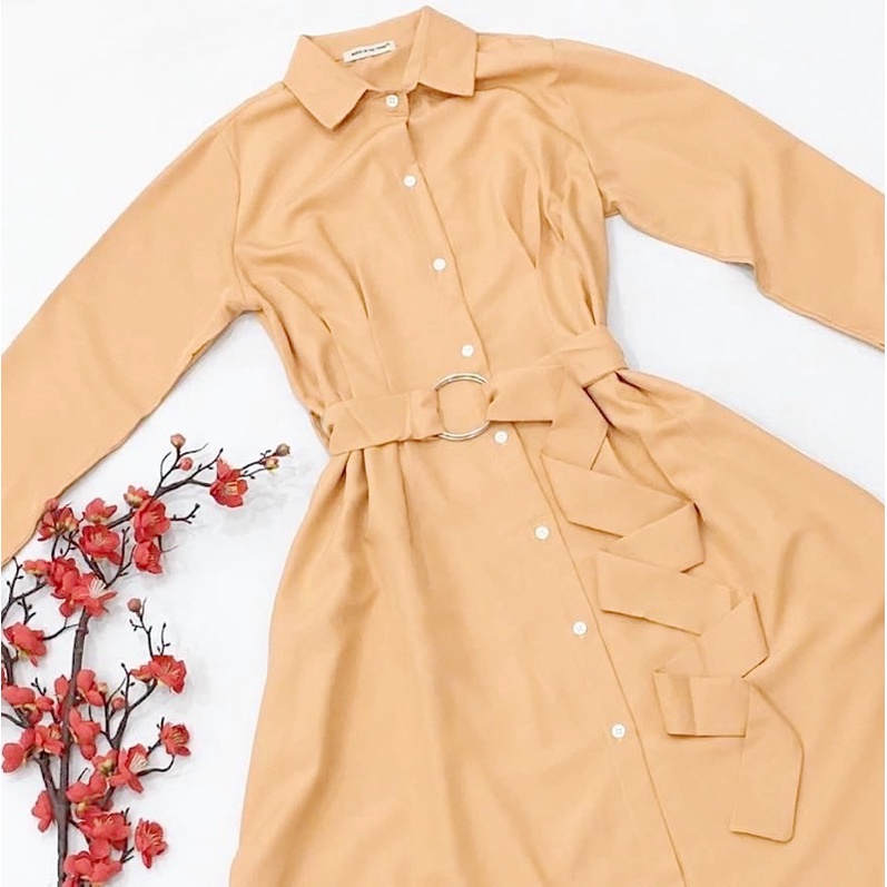 Đầm váy sơ mi kem tay dài kèm belt