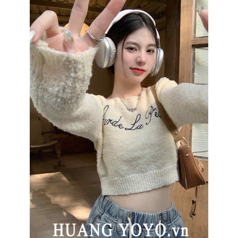 Áo sweater Dệt Kim Tay Dài Dáng Ôm In Họa Tiết Kiểu retro Hàn Quốc Thời Trang Mùa Thu Cho Bạn Gái