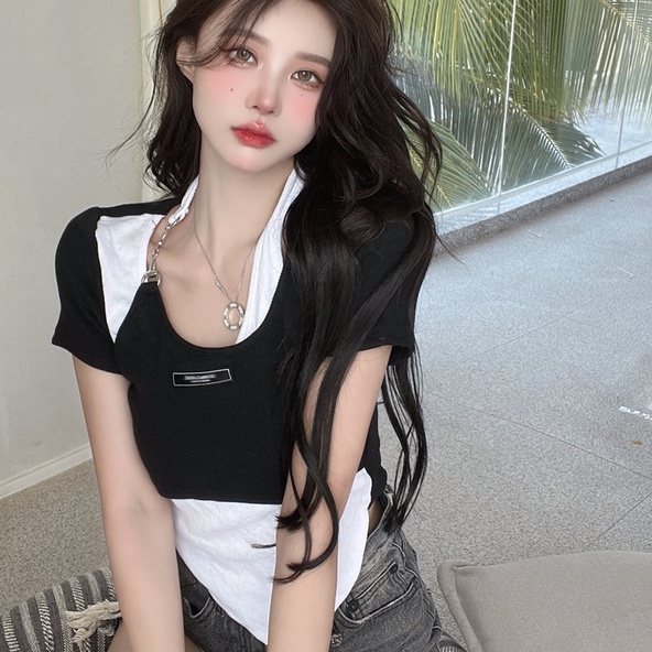 【ZHELIHANGFEI】 Áo Thun Tay Ngắn Giả Hai Lớp Màu Sắc Tương Phản