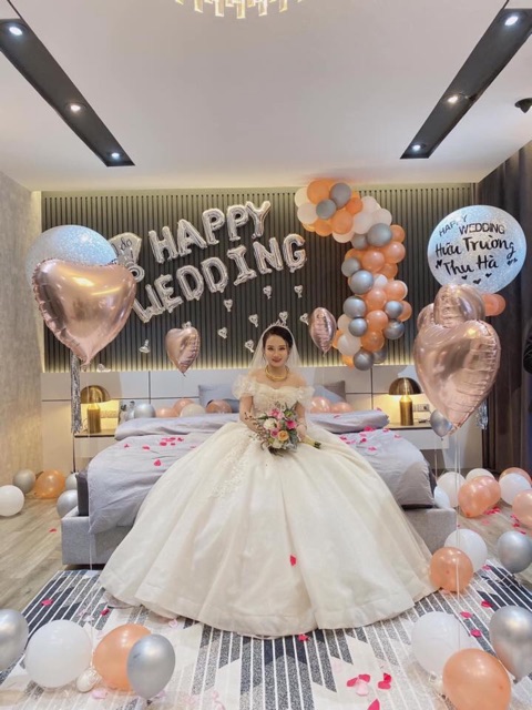 [Tặng 100 Cánh Hoa Hồng] Sét Bóng Happy Wedding Trang Trí Phòng Cưới Tông Đỏ Trắng [ KHUYẾN + MẠI]