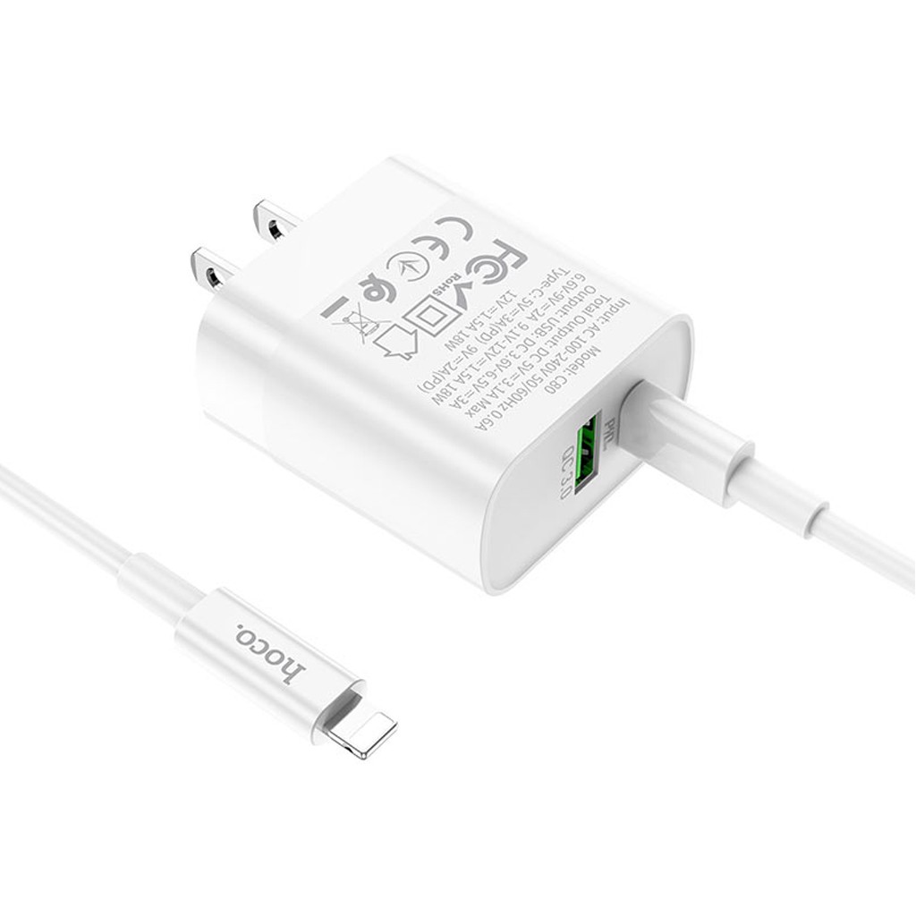 Bộ sạc PD 20W Hoco C80/C80A Plus 2 cổng ( USB + Type-C ), sạc nhanh 3A, Quick Charger 3.0 cho iPhone/iPad ( kèm dây 1m )