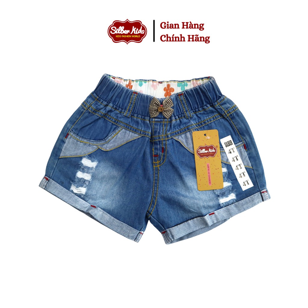 [Mã BMBAU50 giảm 7% đơn 99K] Quần Short Jean Bé Gái Gập Gấu Phối Túi, Nơ Kẻ SILBER KIDS