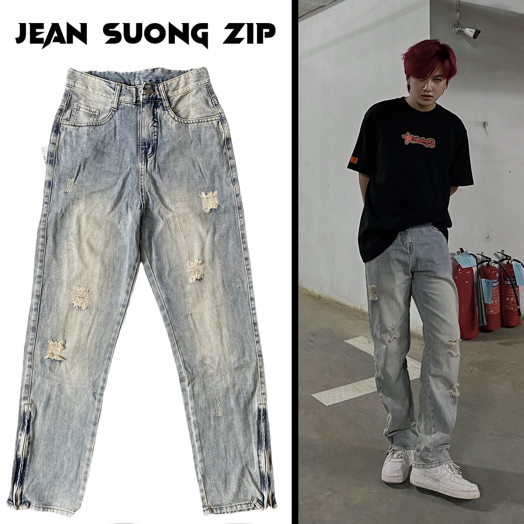 Quần jean ống suông DUSTY STUDIO jeans rách bạc màu kết hợp khóa zip