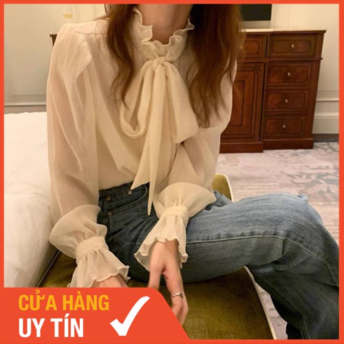 ÁO SƠ MI ÁO BÈO NƠ CỔ HAI LỚP TIỂU THƯ CHO NỮ