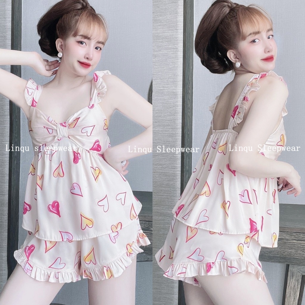 Đồ ngủ sexy 2 dây cánh tiên nhún nơ chất lụa latin mềm mịn, mát mẻ freesize 40-58kg - Linqustore
