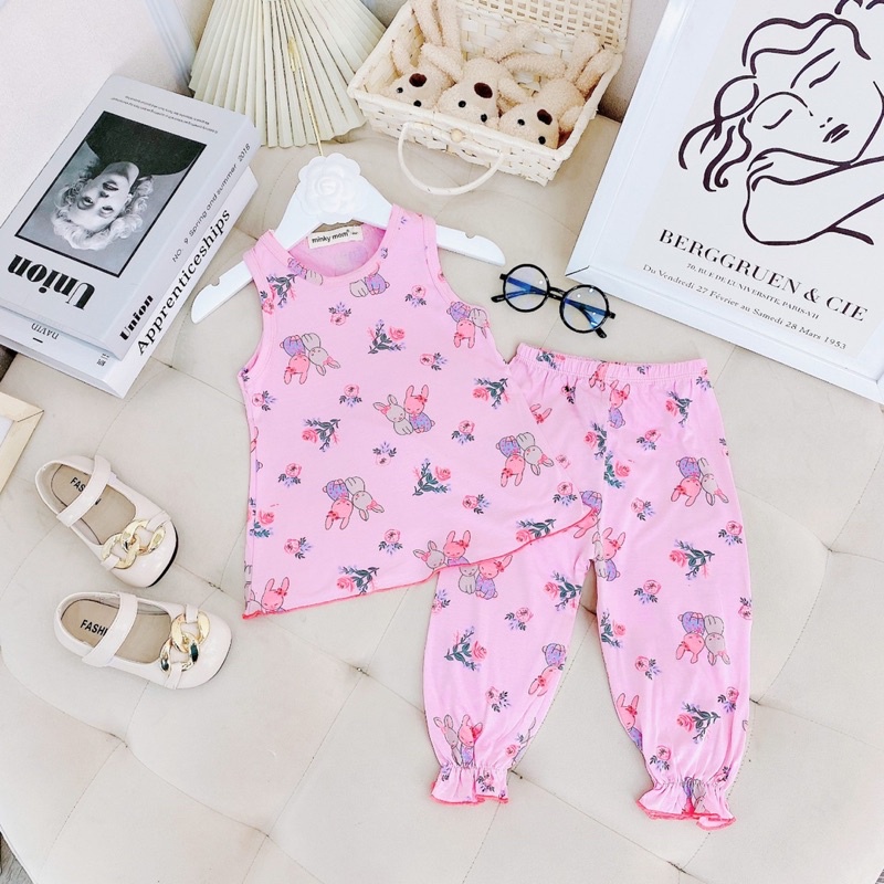 BL17 Bộ Ba Lỗ Quần Dài Bo Chun Thun Mát hoạ tiết Hoa cho bé Gái từ 8kg đến 18kg